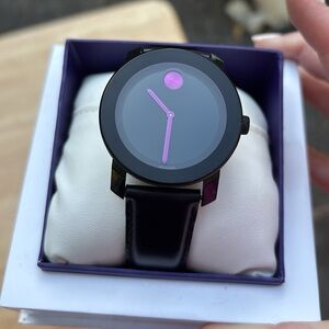 Movado Black Watch with Purple Details/Accents